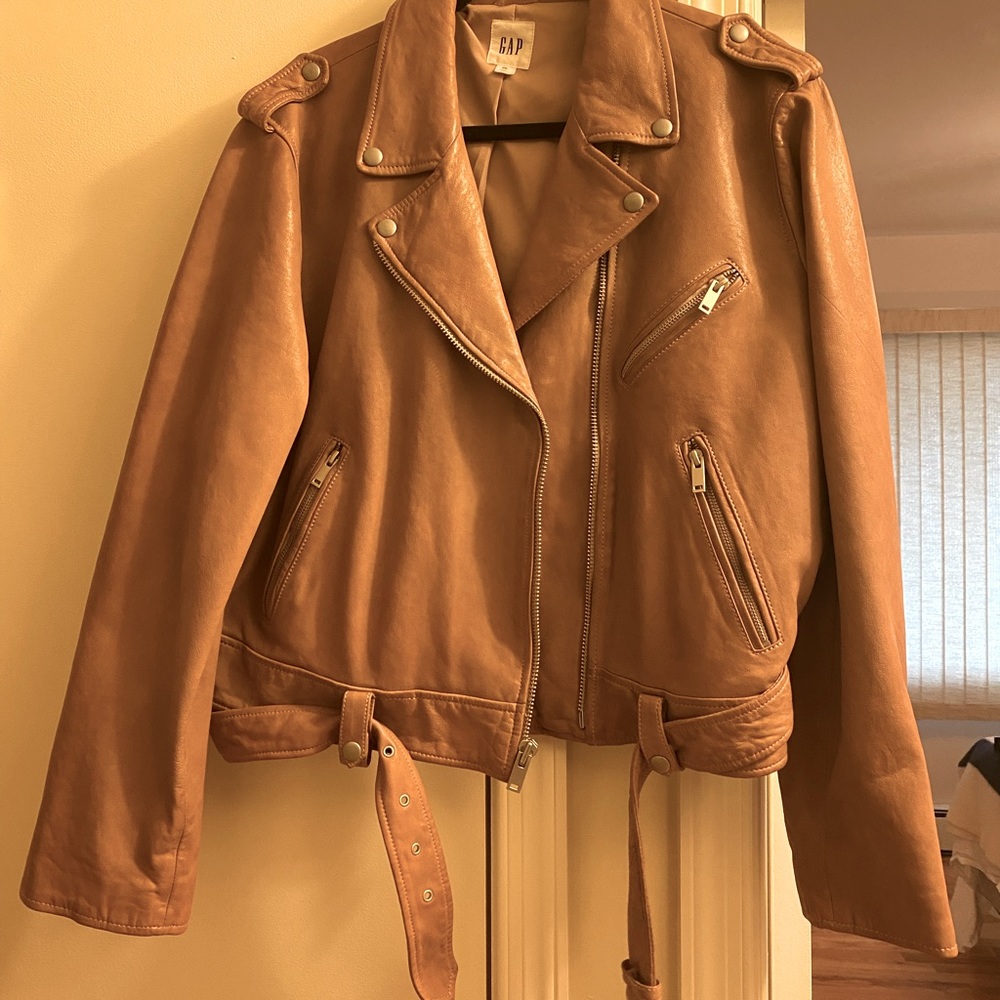 Gap Tan leather moto cropped jacket